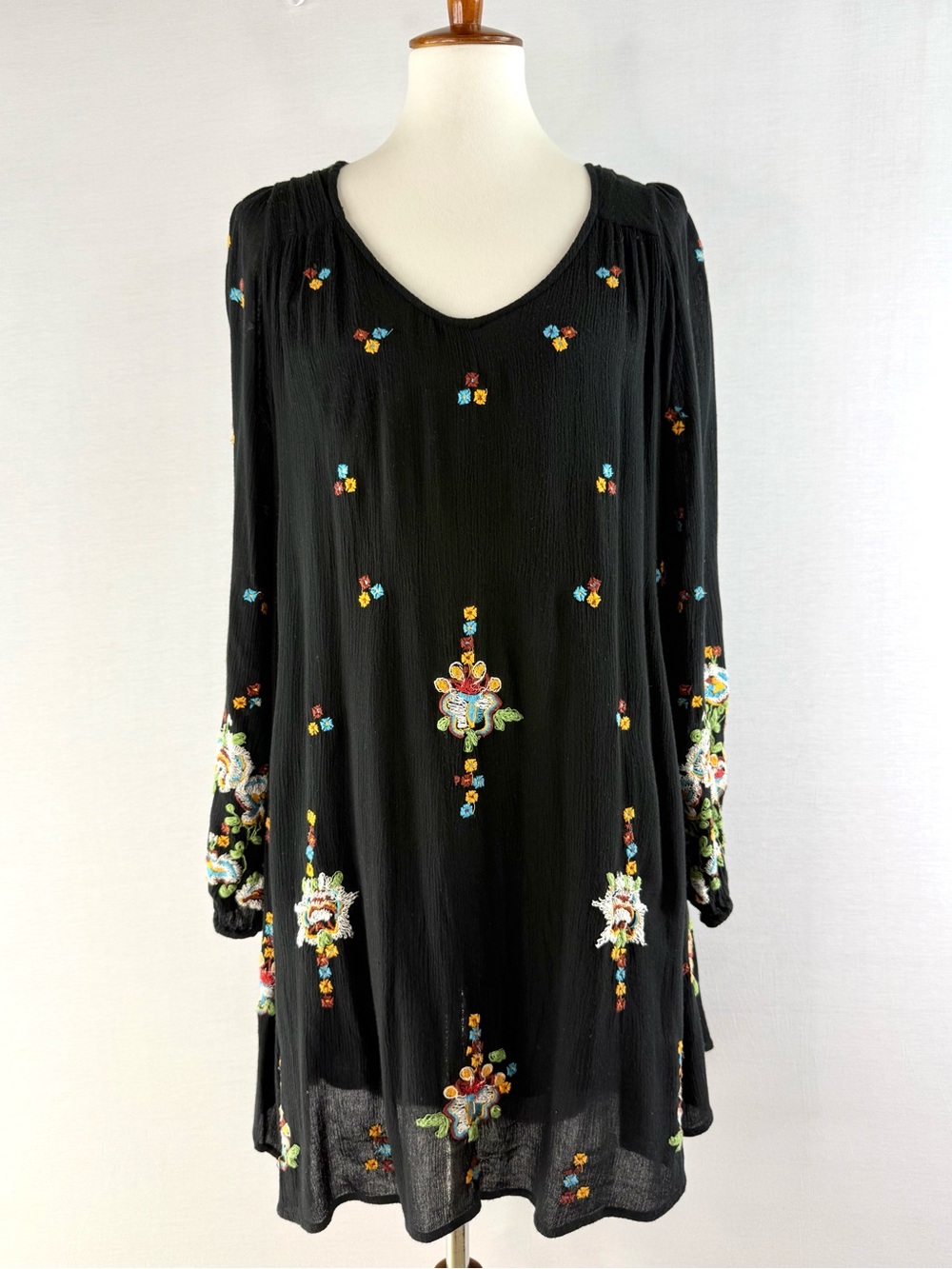Free People Oxford Floral Embroidered Black Long-Sleeve Mini Dress